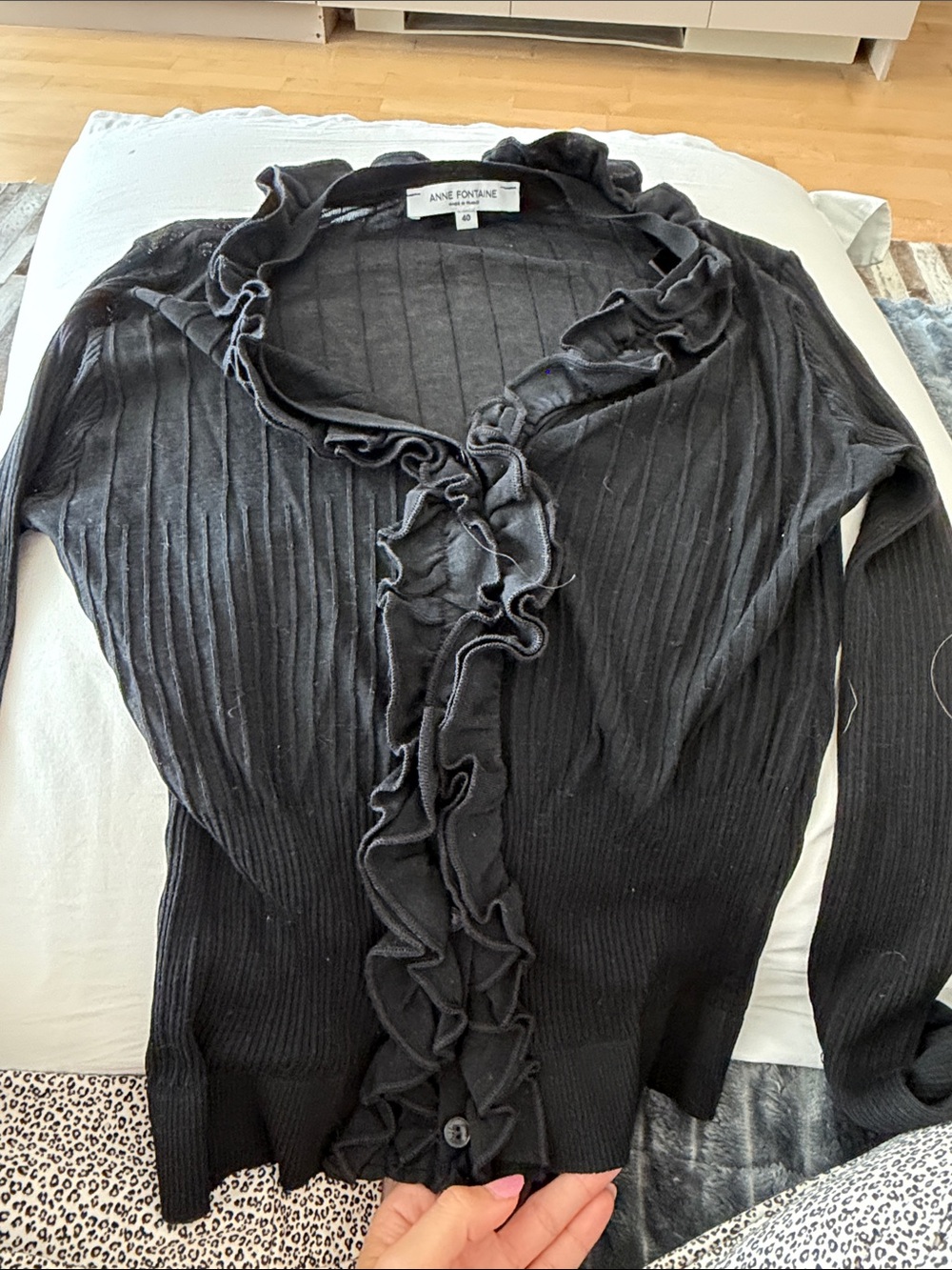 Anne Fontaine MADE IN FRANCE Black Ruffled Ribbed Cardigan | Size S (40 FR)